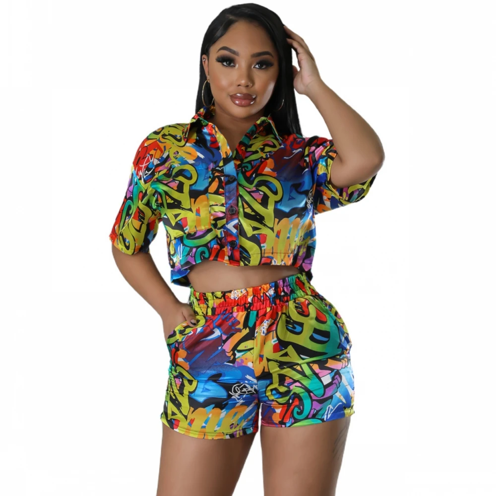 

Комплект из 2 предметов, сексуальный Африканский Модный женский комплект Дашики, женские топы с принтом, рубашка с коротким рукавом и шорты с эластичным поясом, костюм 2023