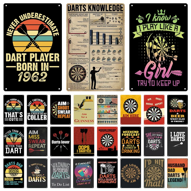 

Darts Knowledge Dart Board Play Darts Game Vintage Tin Sign Metal Plaque Retro Poster Garage Man Cave Room Home Wall Decor Gift