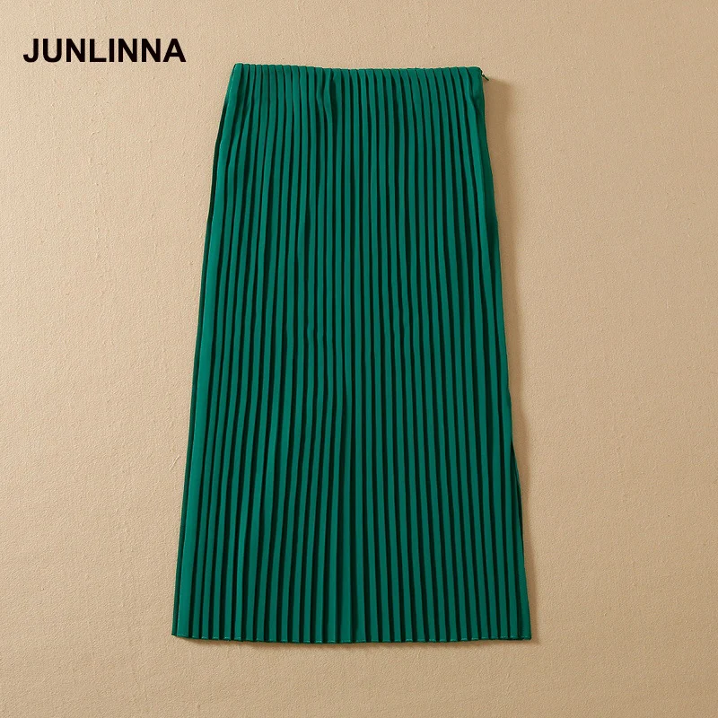 

JUNLINNA Fashion Designer 2022 Summer Elegant Half Dress Women Green Black High Quality Street Sliming Pleated Skirt