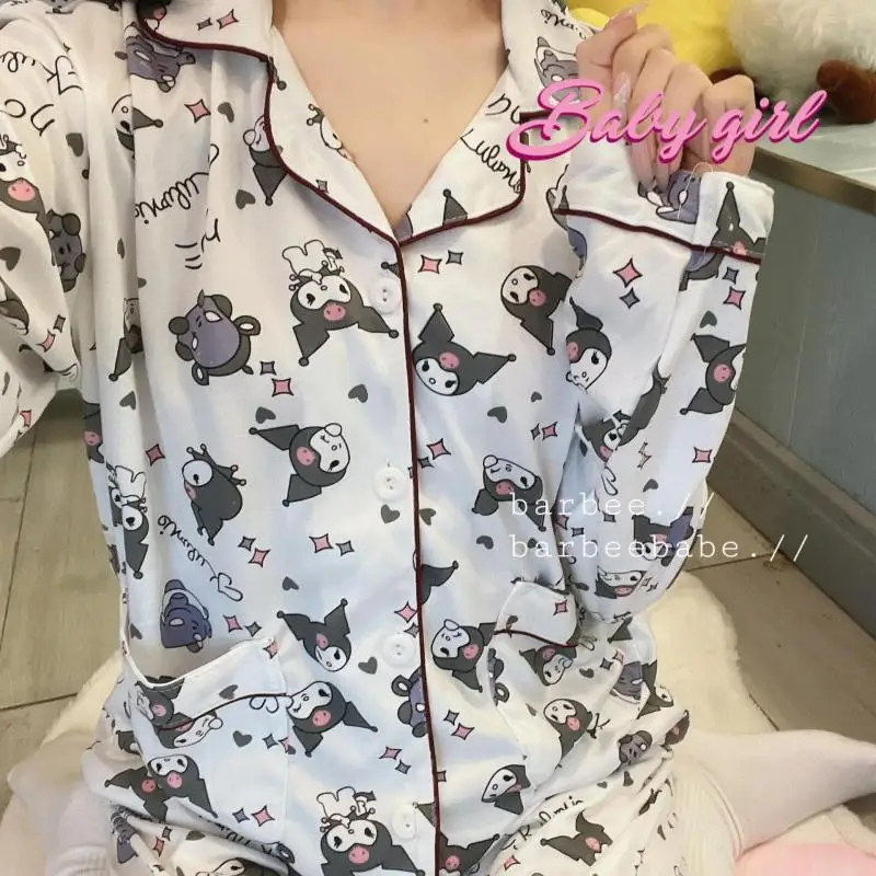 

Kawaii Sanrio Pajamas Ins Kuromi Cartoon Ms. Long Sleeve Pajamas Leisure Cardigan Homewear 2 Piece Set Girl Pajamas Gift
