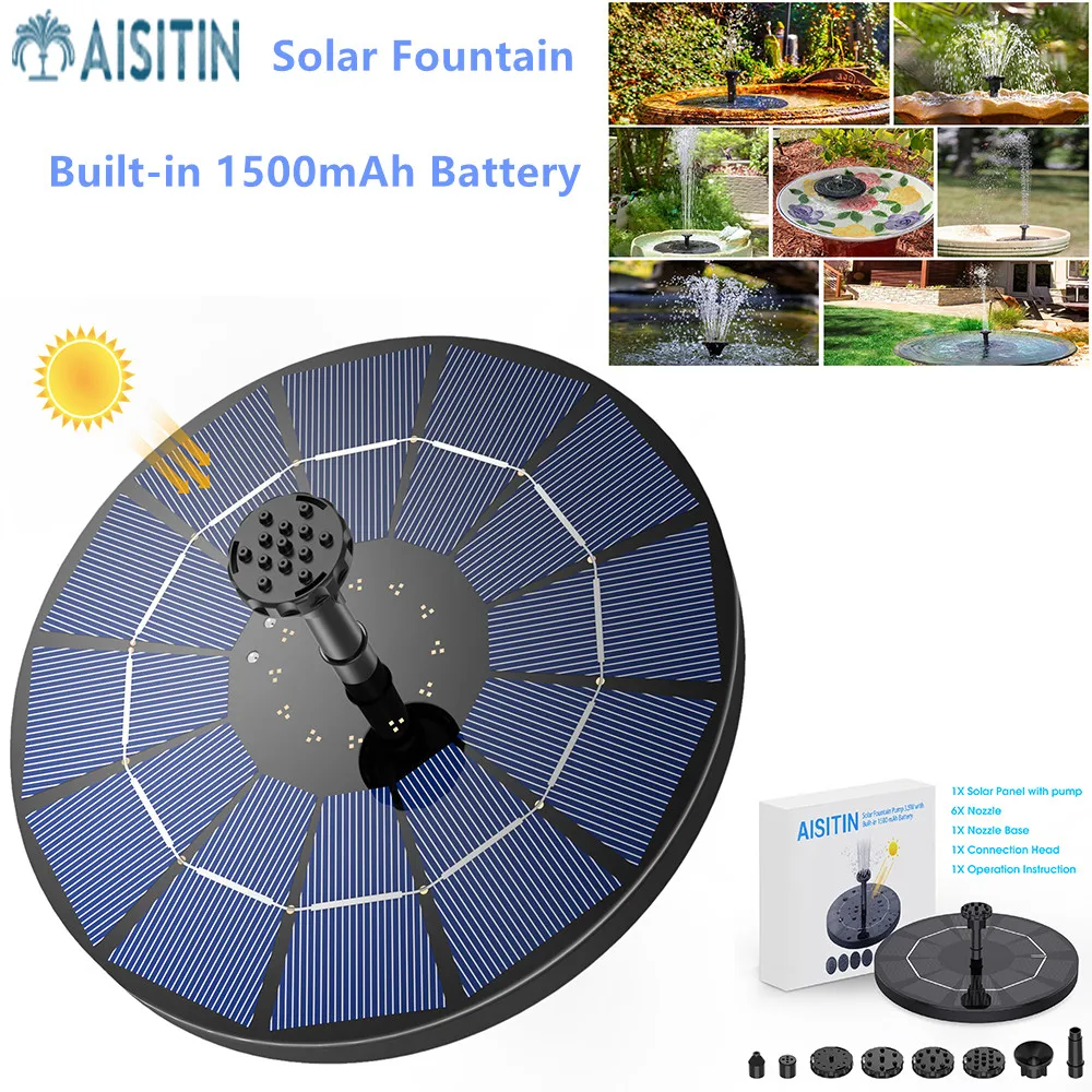 

AISITIN 3.5W Solar Fountain Pump, Solar Water Pump Floating Fountain Built-in 1500mAh Battery, with 6 Nozzles, for Bird Bath