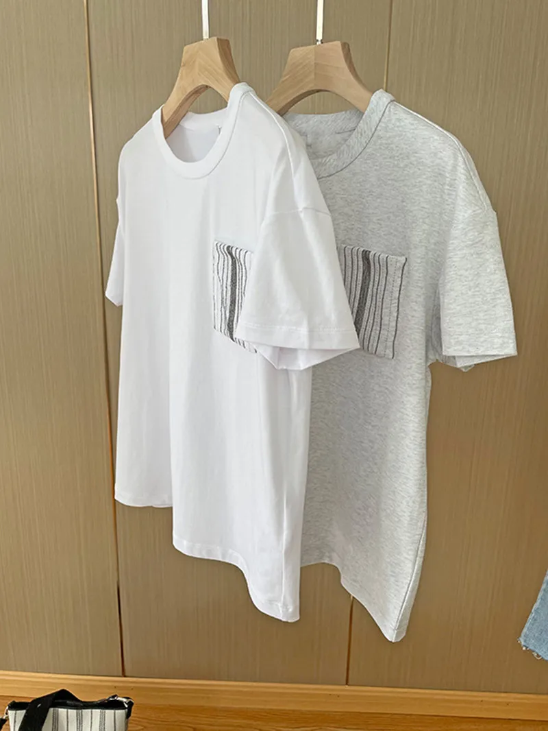 

Women Round Neck One Striped Pocket Loose T-Shirt Cotton Short Sleeve Breathable Casual Tees