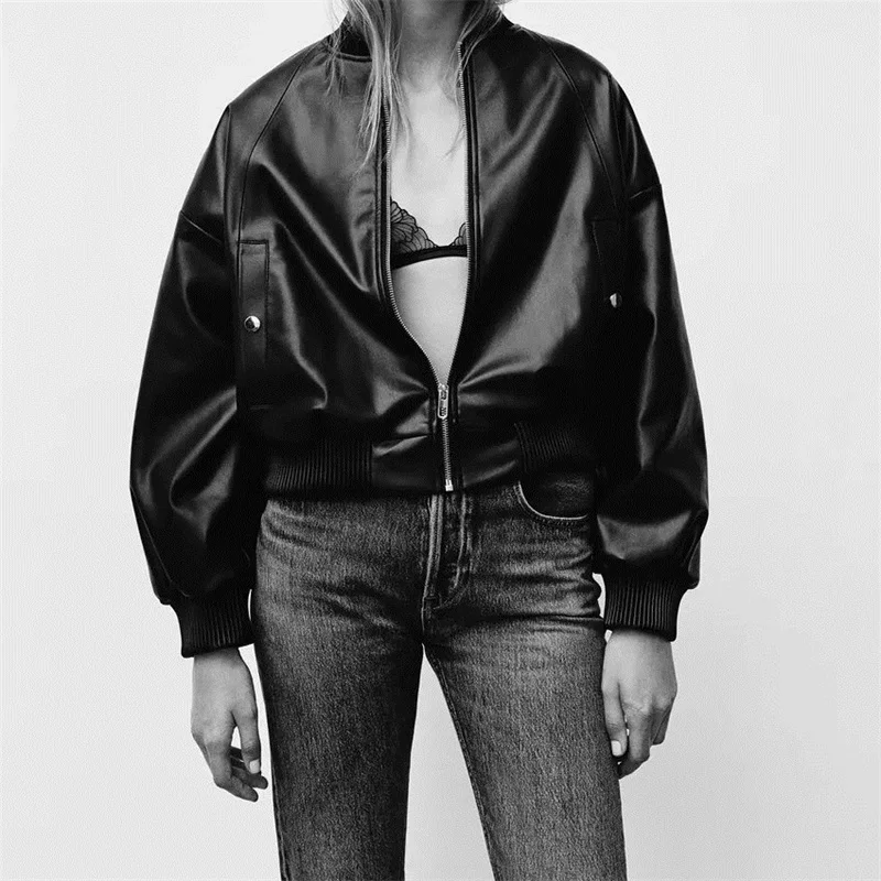 

Куртка-бомбер женская из искусственной кожи, с длинным рукавом и карманами