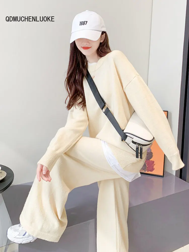 

Women's Clothing 2023 New In Autumn Winter Sweater Set Solid Color Knit Fashion Two Piece Pullover Set Loose Wide Leg Pant Sets