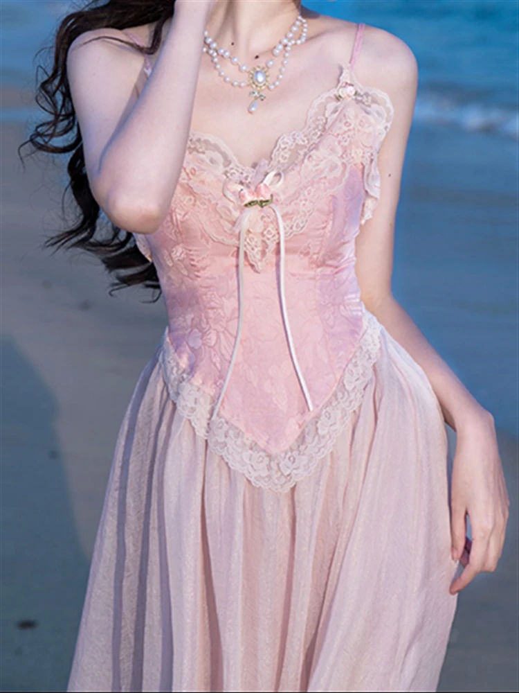 Женский сарафан на бретелях-спагетти розовое платье без рукавов с открытой