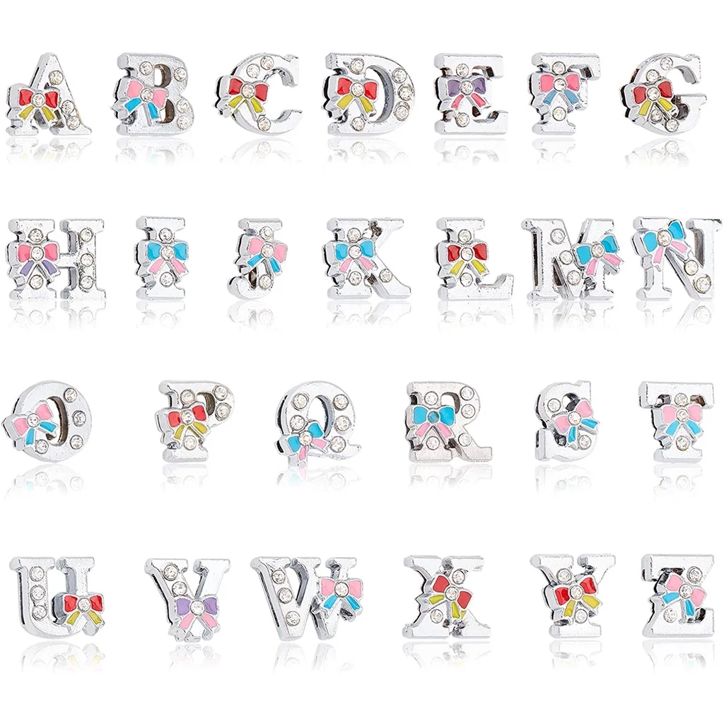 

52 Pcs Alloy Slide Charms Crystal Enamel Bowknot Alphabet Letter A-Z for DIY Craft Bracelet Choker Jewelry Making Finding