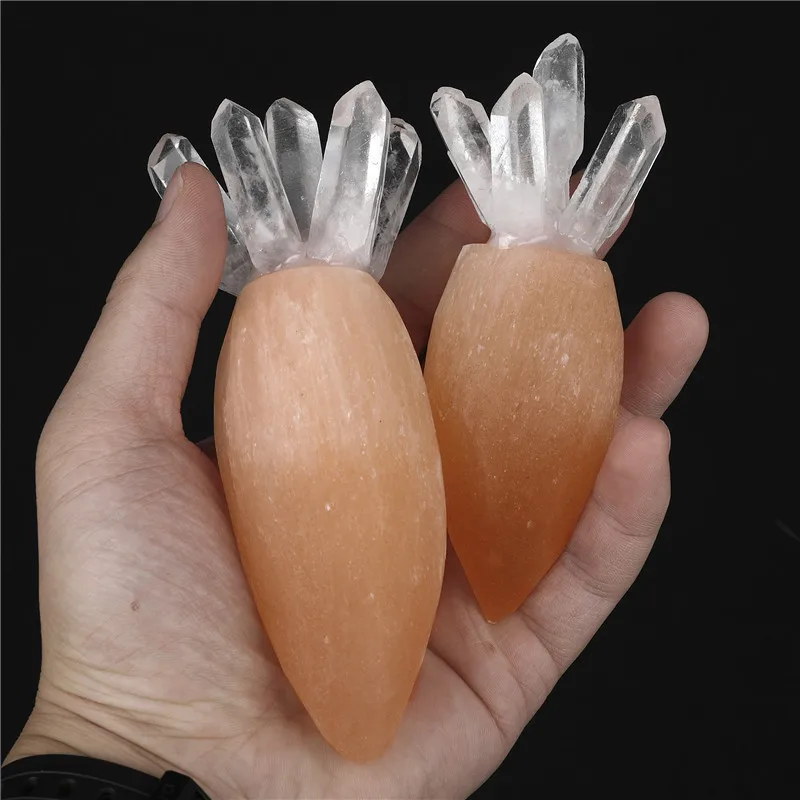

11-13CM Natural Selenite With Crystal White Carrot Shape Quartz Pillars Chakra Energy Healing Stones Reiki Home Decor 1PC New
