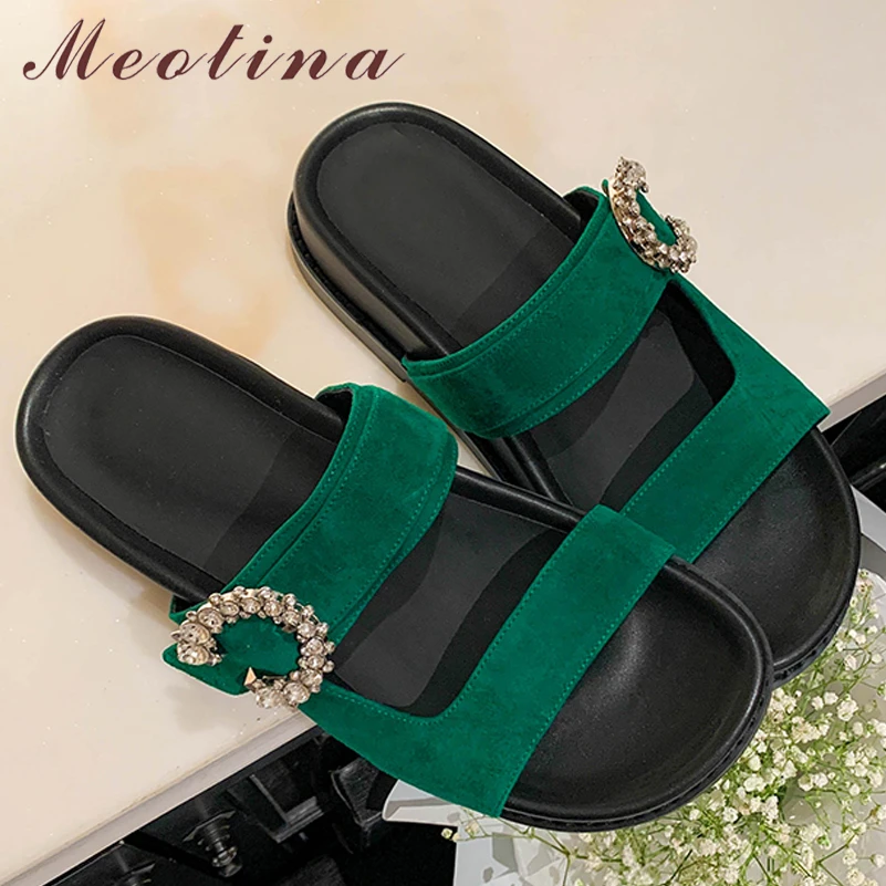 

Meotina Women Round Toe Platform Flat Slides Crystal Concise Slippers Design Kid Suede Sandals Summer Ladies Shoes Green Black