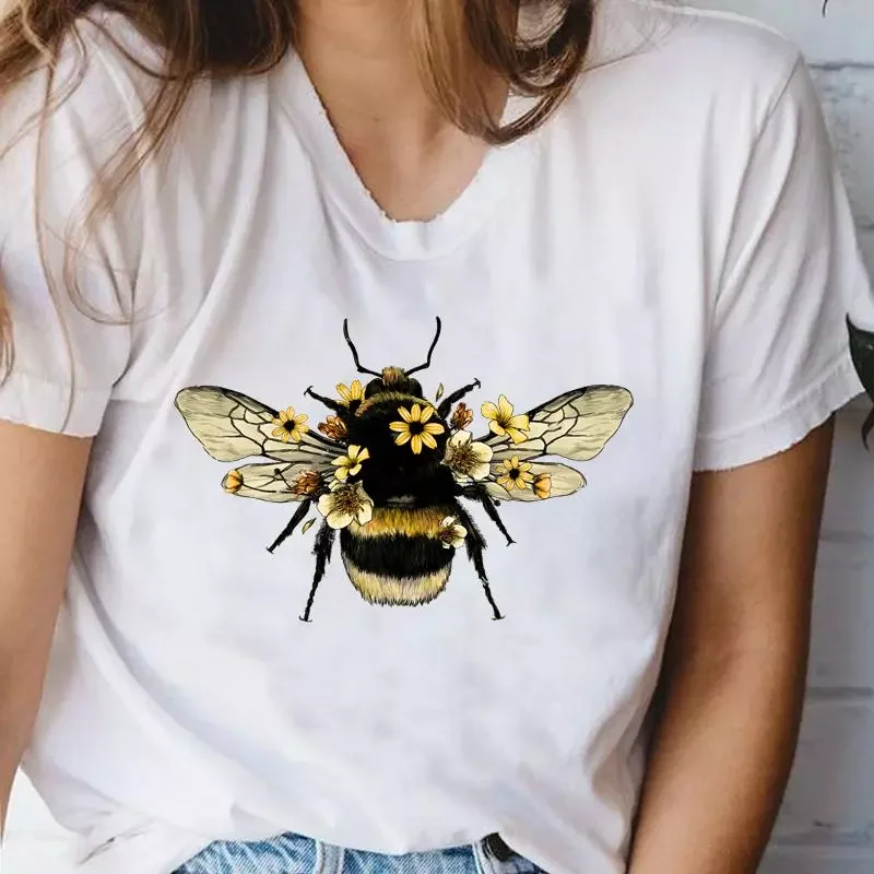 

2023NEW Tshirts Cartoon Bee Floral Fashion Stylish Print Female Graphic T Top Female 90s Sweet Short Sleeve Shirt Tee T-Shirt
