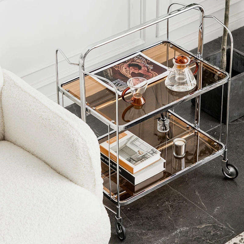 

Transparent Glass Dining Car Trolley Home Kitchen Bar Wheel Table Foldable Side Table Living Room Bedroom Mobile Shelf Furniture