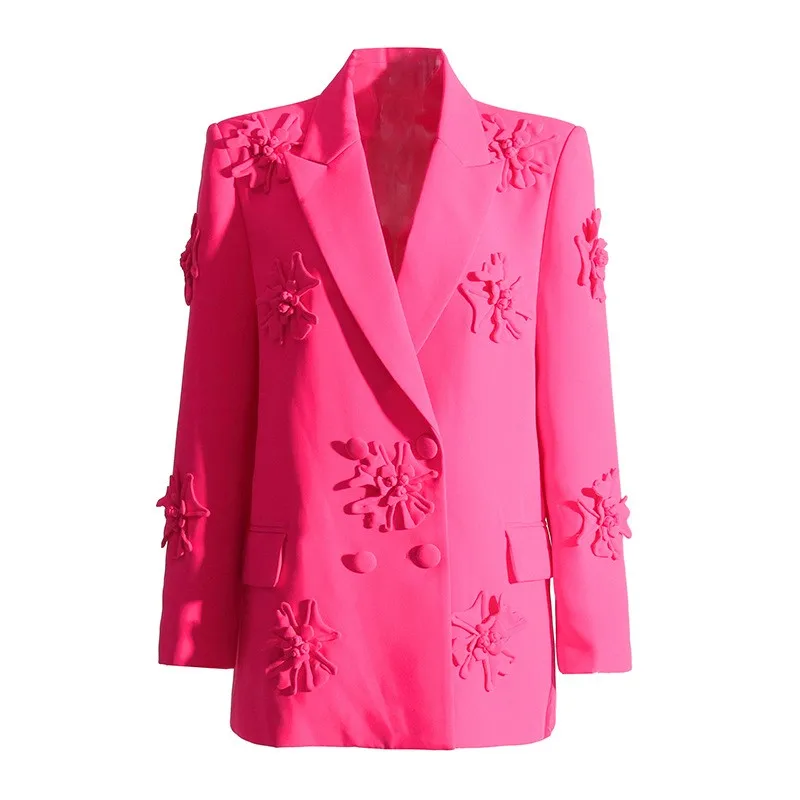 

Women Three-dimensional Flower Pink Blazer Double-breasted Long Sleeve Lapel Fashion Suit Jacket Female Office Lady Casual Coats