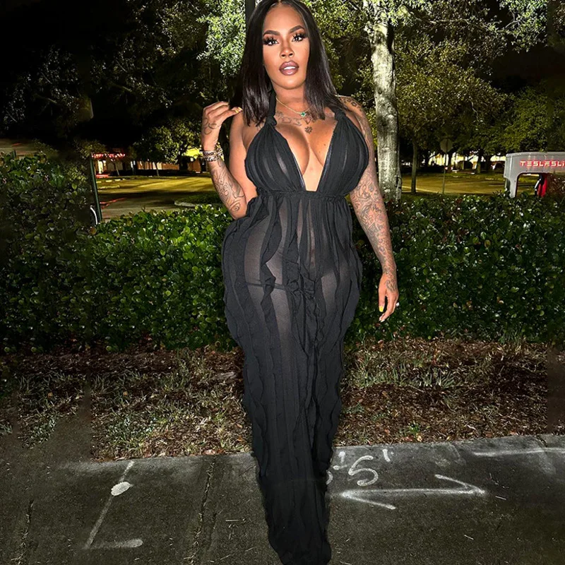 

Ruffles Mesh Sexy Casual Jumpsuits Women Summer Bandage Backless V Neck Sleeveless Street Romper Wide Leg Pants Beach Overalls