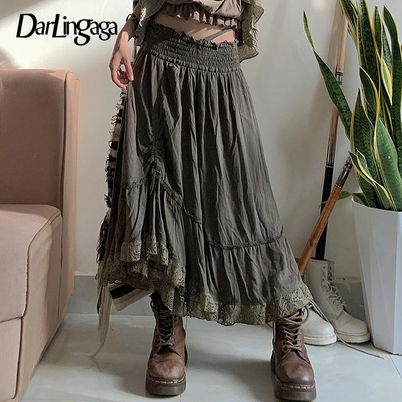 

Darlingaga Y2K Grunge Fairycore Frill Drawstring Maxi Skirt Female Vintage Lace Patchwork Long Skirts Ruffles 90s Aesthetic Chic