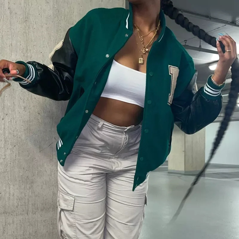 

Women Leather Baseball Jacket Harajuku Bone Letter Varsity Bomber Jackets Hip Hop Streetwear Men College Breasted Coats Unisex