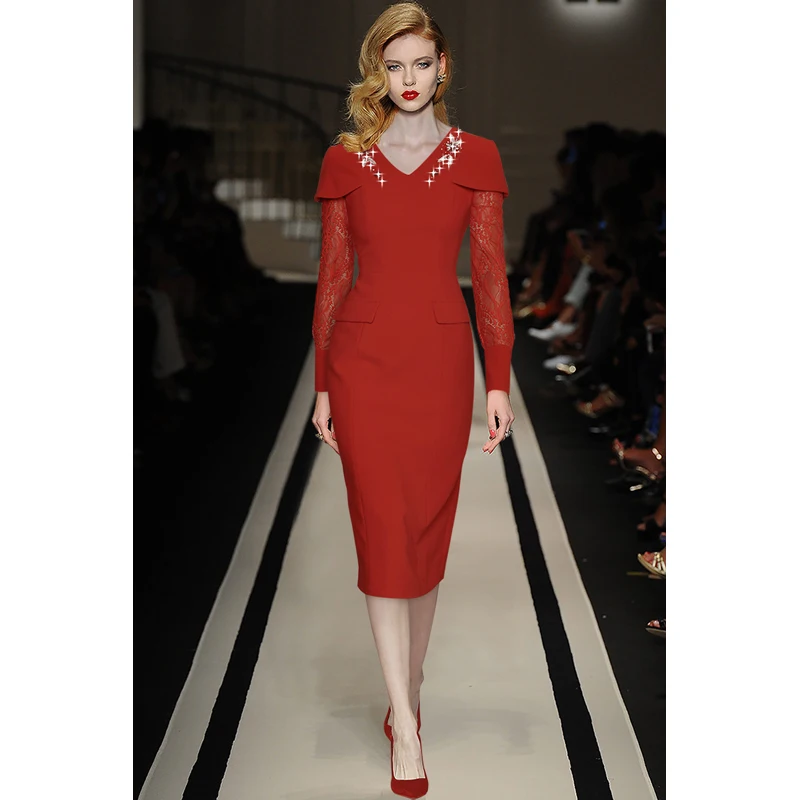 Janeyiren Fashion Runway Dress Fall women V neck lace long sleeve luxury crystal beaded trim red pencil skirt