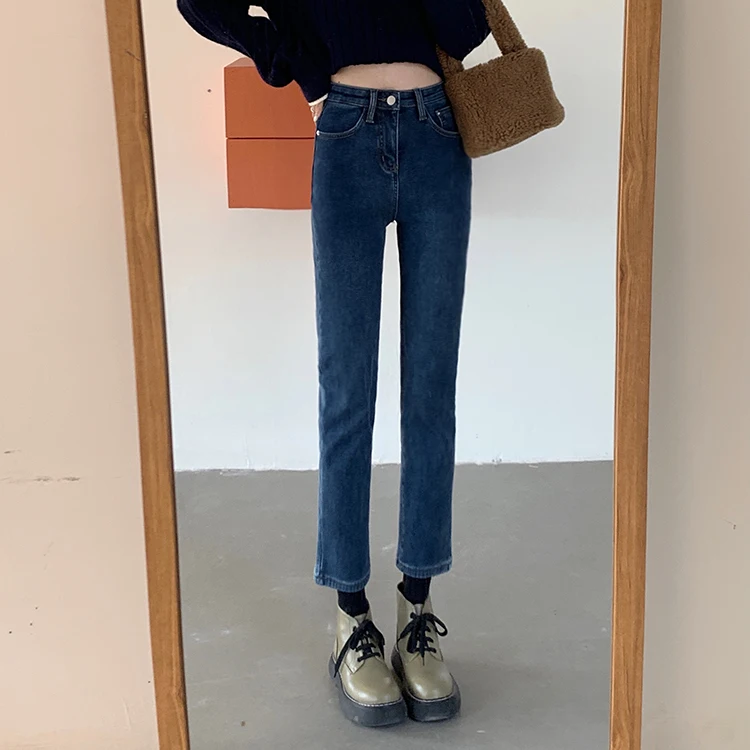 

DD3099 New elastic thickening straight pants high waist slim long pants jeans