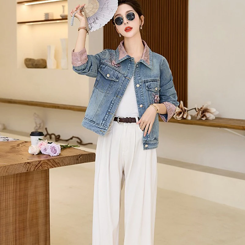 Guofeng джинсовая куртка с вышивкой женская весна-осень 202 новый винтажный топ