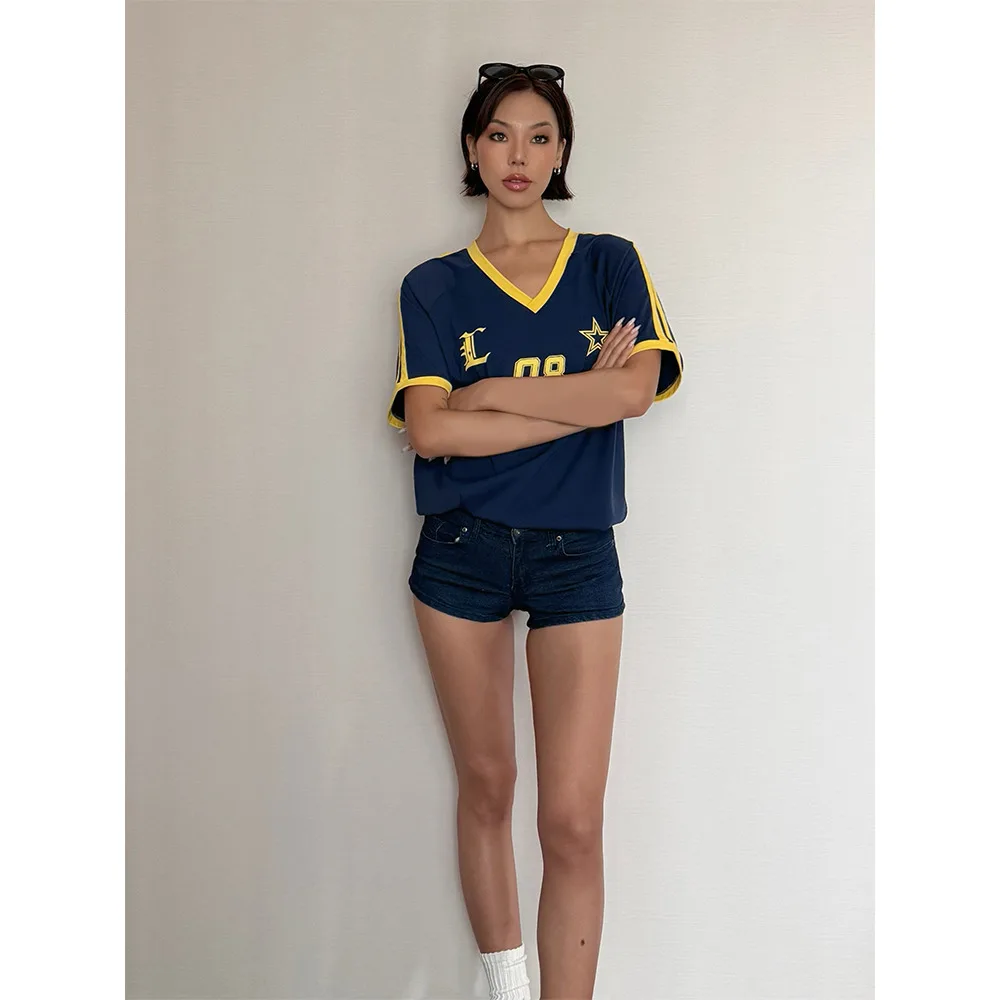 VanessaLab Летняя футболка с v-образным вырезом и буквенным принтом для американского