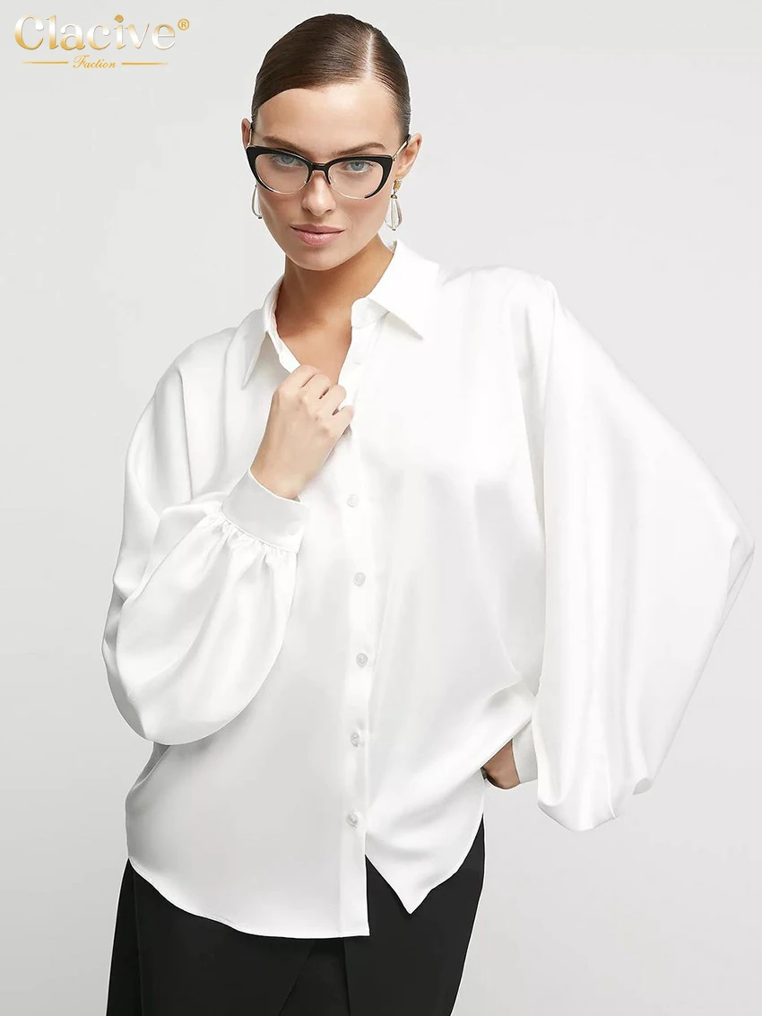 

Модные свободные белые женские блузки Clacive 2024, элегантные офисные рубашки с отложным воротником и длинным рукавом, классический однотонный топ, женская одежда