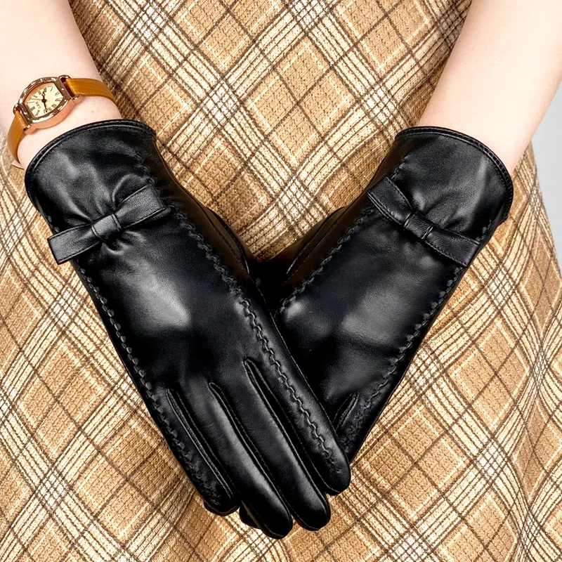 Autumn Winter Thicken Warm Women's Touchscreen Genuine Leather Real Leather Gloves Lady's Black Natural Leather Bow Tie Glove