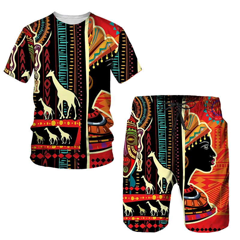 

Men's African Style Summer Tracksuits Ethnic Totem Print T-Shirt Shorts Sets Casual Clothing Vintage Oversized Leisure Outfits