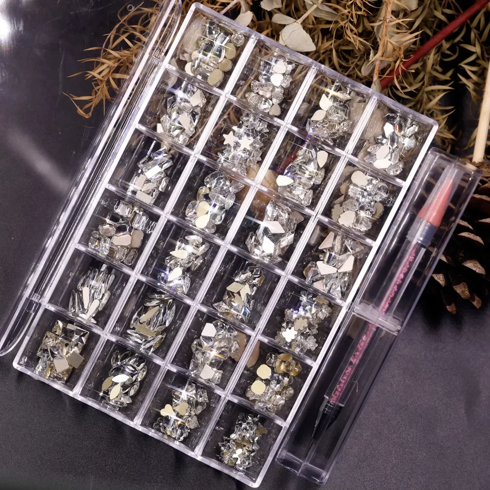 

20PC/Grid Flat- Back Nail Art Crystal AB Rhinestone In Grids Box With 1 Pick Up Pen In Clear Big Box High Quality