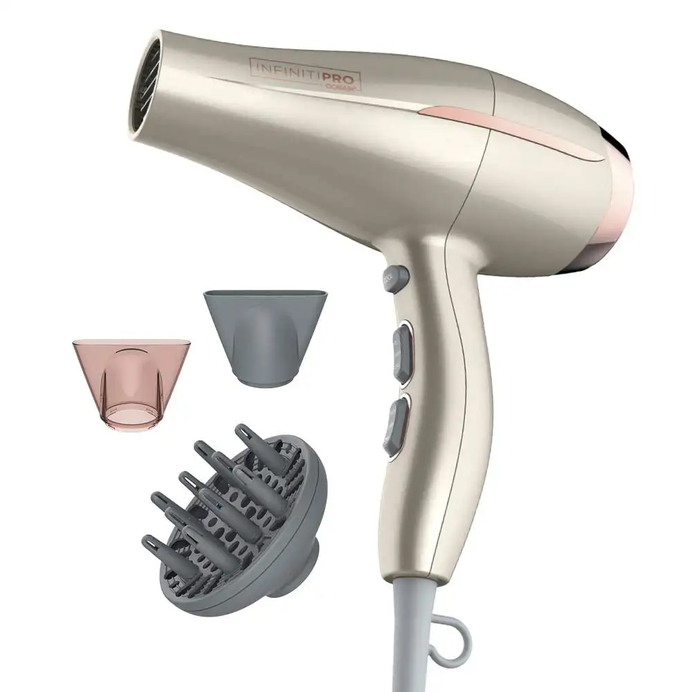 

Infiniti Pro Ceramic Hair Dryer, Ionic, 1875 Volts, Gold Blow Dryer with Comb