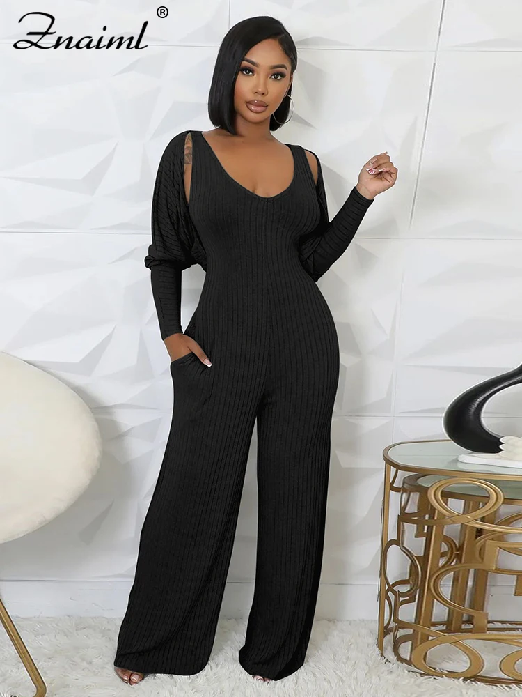 Znaiml СИНИЕ ВЯЗАНЫЕ комбинезоны с широкими штанинами и укороченным топом женские