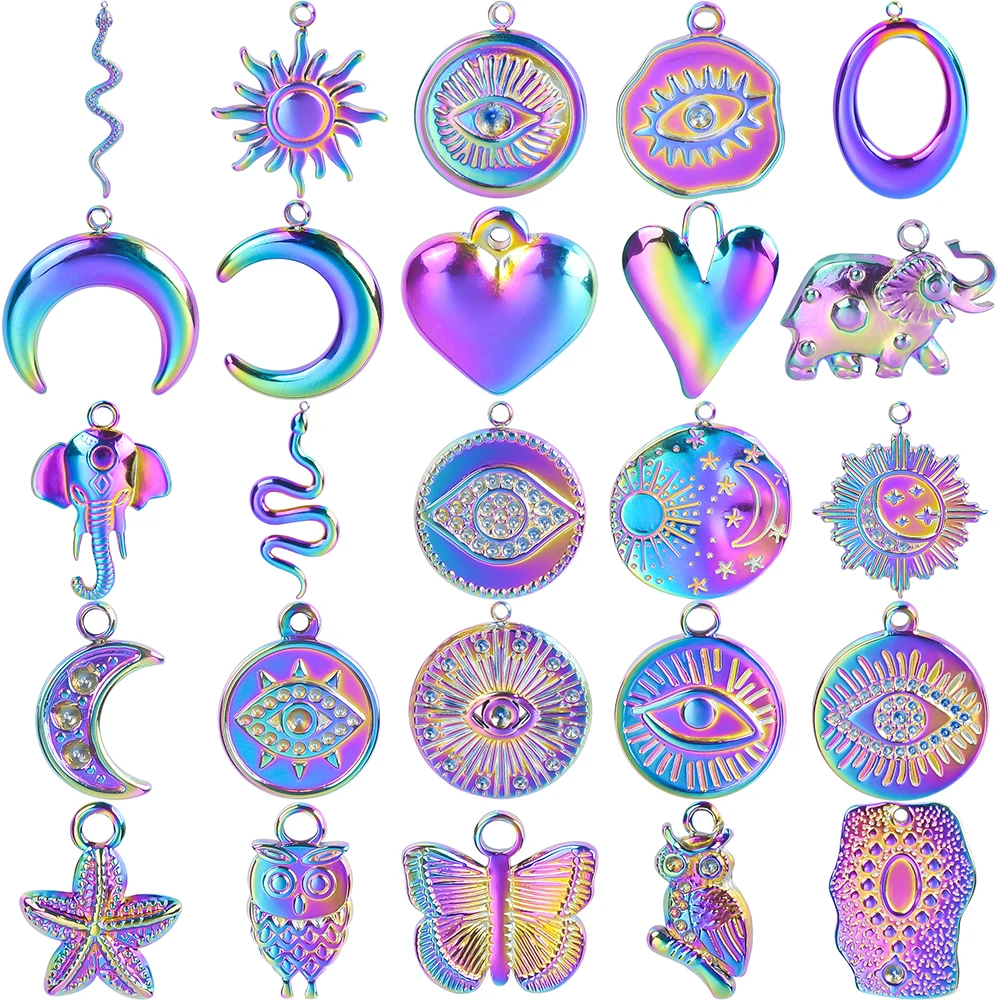 

5pcs Rainbow Round Sun Moon Star Pendant Greek Eye Hearts Charms For Jewelry Making Supplies Butterfly Dijes De Acero Inoxidable