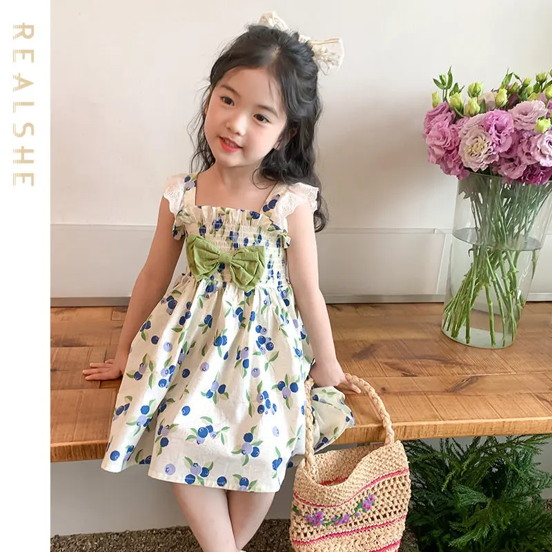 

New Summer Toddler Baby Girls Dress Sleeveless Lace Bow Print Girls Dress Children Dresses Sweet Kids Dresses Clothing