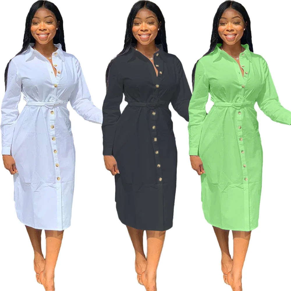 

Office Lady Long Blouse Dress Elegant Women Formal Dress Women's Autumn Fashion Solid Color midi Shirt Dress Without Belt