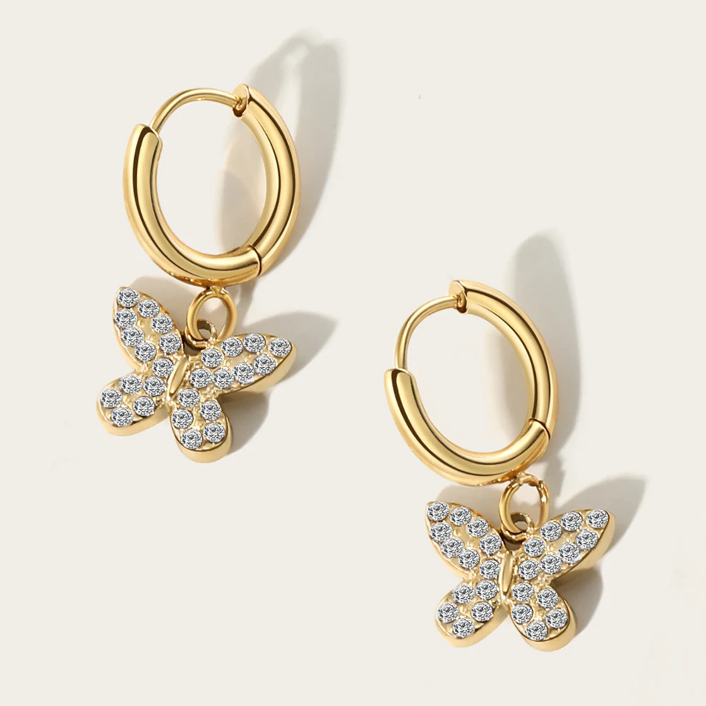 

YACHAN Shiny Zircon Crystal Butterfly Drop Earrings Stainless Steel High Quality Waterproof Trend Jewelry For Women