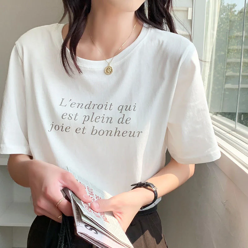 

White Short Sleeve T-shirt Women Summer Korean Version Loose And Versatile Letter Printing Half Pure Cotton Thin Top