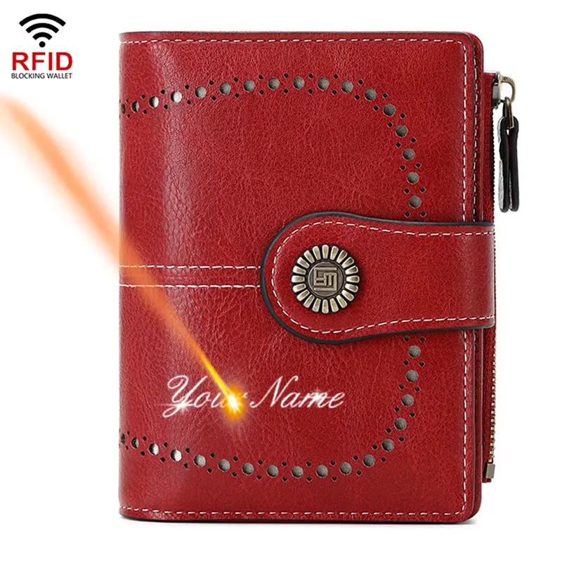 

2022 New Short Rfid Women Wallets Name Engraved Zipper Hasp Coin Pocket Women Purse Quality PU Leather Card Holder Female Wallet