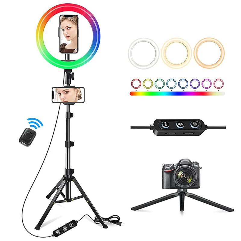 

10" LED RGB Selfie Ring Light w/ Mini & Extendable Tripod Stand & Phone Holder 10 Brightness Level 26 Light Modes Dimmable Ringl