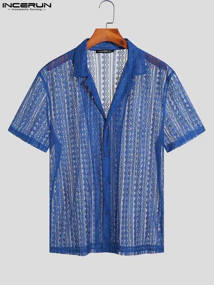 Casual Comfortable Lace Tops INCERUN New Men Fashion Hollow Blouse Sexy Male See-through Printing Short Sleeve Thin Shirts S-5XL