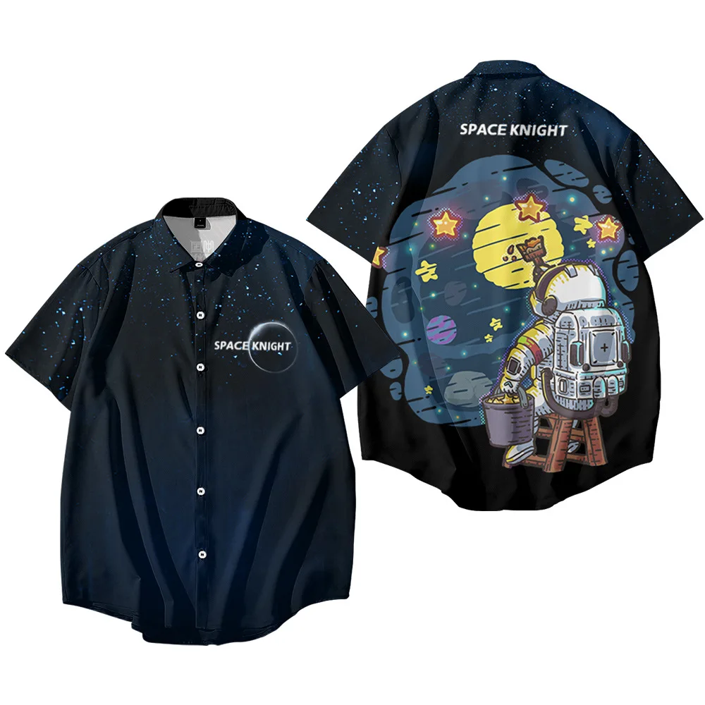 

Cartoon Space Knight Astronaut Draw Printed Fashion Casual Hawaiian Streetwear Clothes Summer Short Sleeve Beach Shirt Camisa
