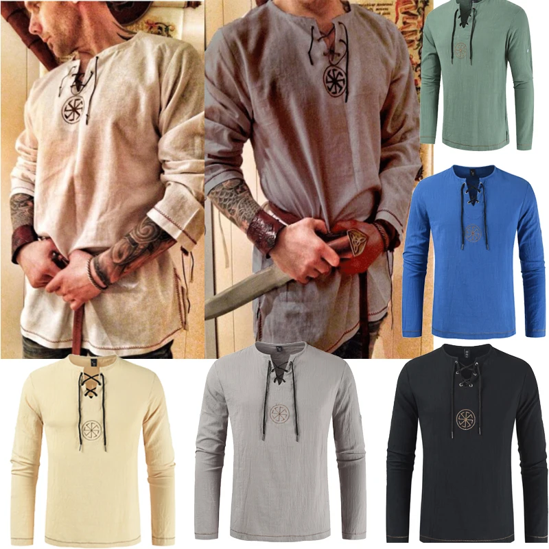 

Plus Size Halloween Knight Cosplay Medieval Renaissance Costume Tunic Viking Men Long Sleeve Linen Tops Vintage Clothing 4XL