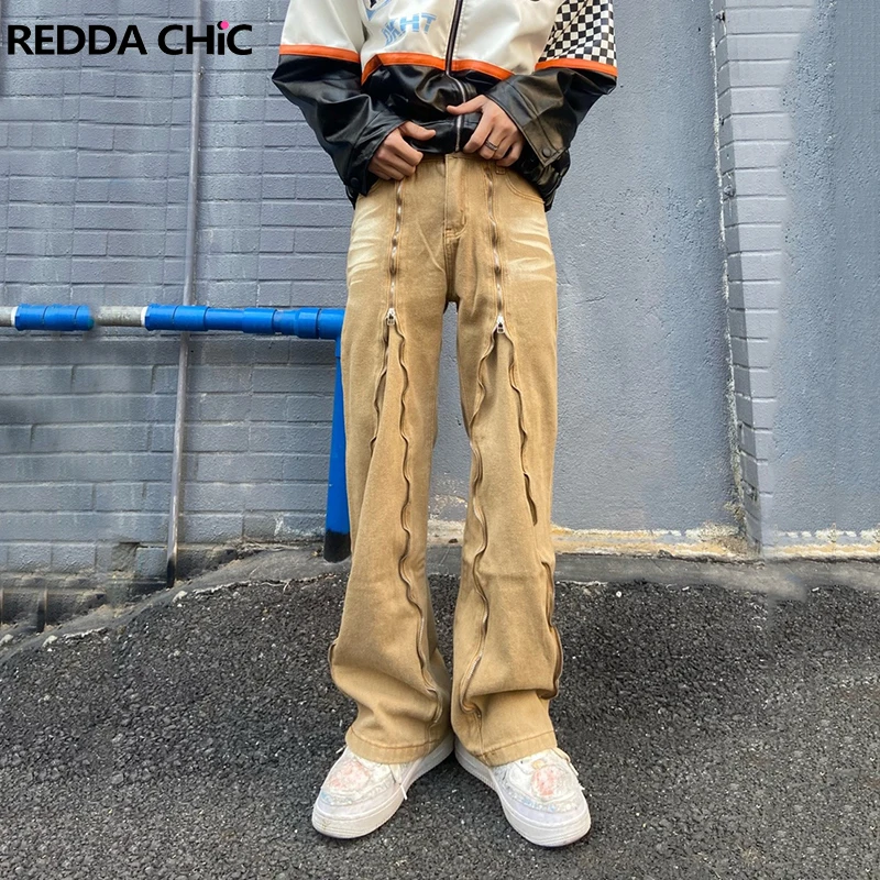

ReddaChic 2-Wear Harajuku Fashion Jeans for Men Khaki Open-zipper Straight Pants Skater Dancer Hip Hop Streetwear Denim Trousers