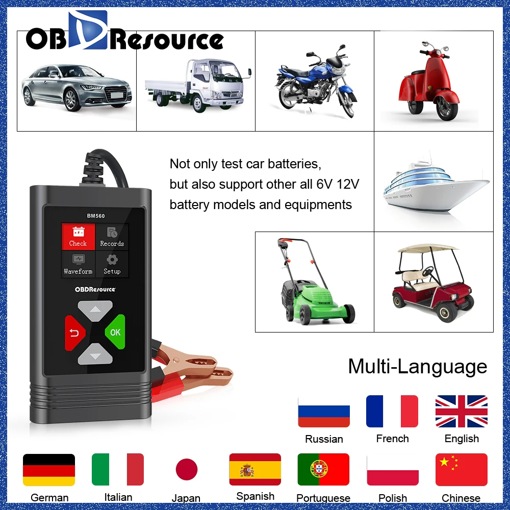 Тестер автомобильного аккумулятора obdresources 6 в 12 В BM560 Digital 100-2000 CCA 2-220AH, проверка запуска/емкости автомобиля, анализатор проверки заряда