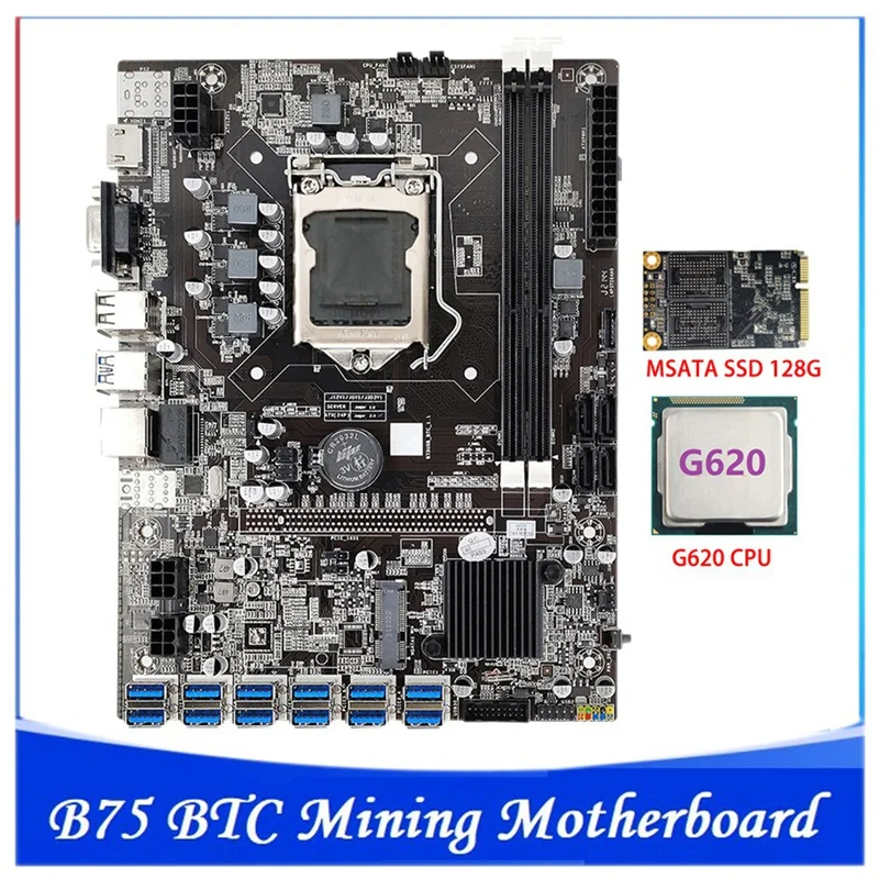 

Материнская плата B75 ETH для майнинга LGA1155 12xpcie к USB адаптеру + процессор G620 + MSATA SSD 128G B75 BTC материнская плата для майнинга