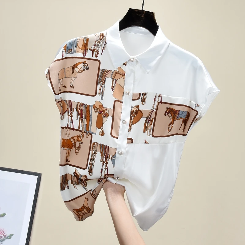 

E GIRLS Summer Vintage Horse printed women blouse shirt casual loose chiffon blouses women tops blusas