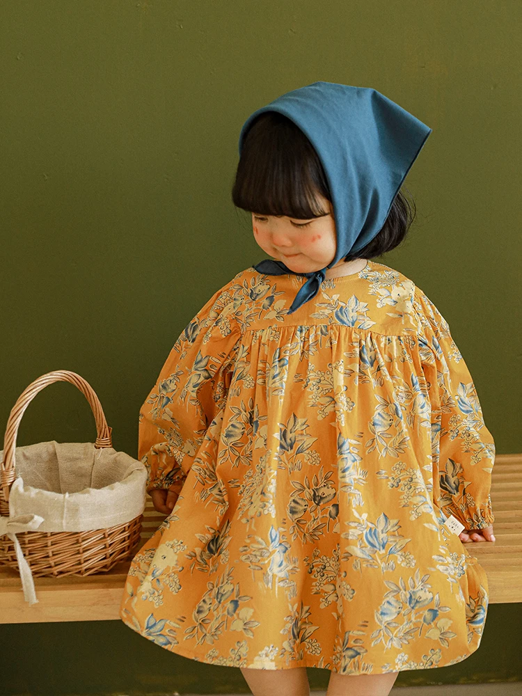 

Spring New Children Clothes Baby Girls Sweet Puff Sleeve Loose Pleated Flower Dress
