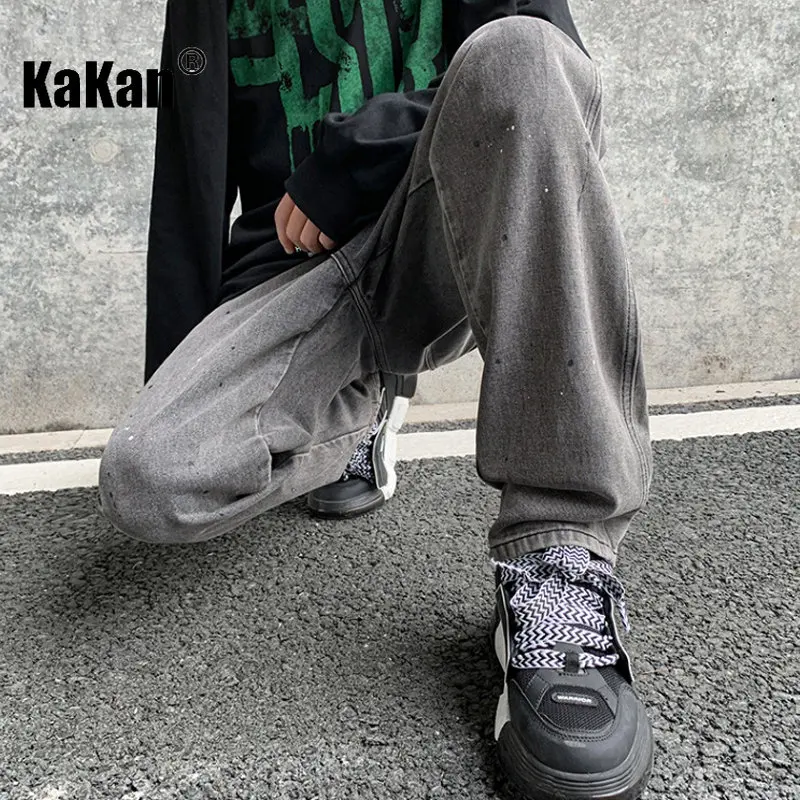 Kakan - Spring/Summer New Speckled Ink Graffiti Jeans Men's Wear, High Street Straight Barrel Black Grey Jeans K024-M5840