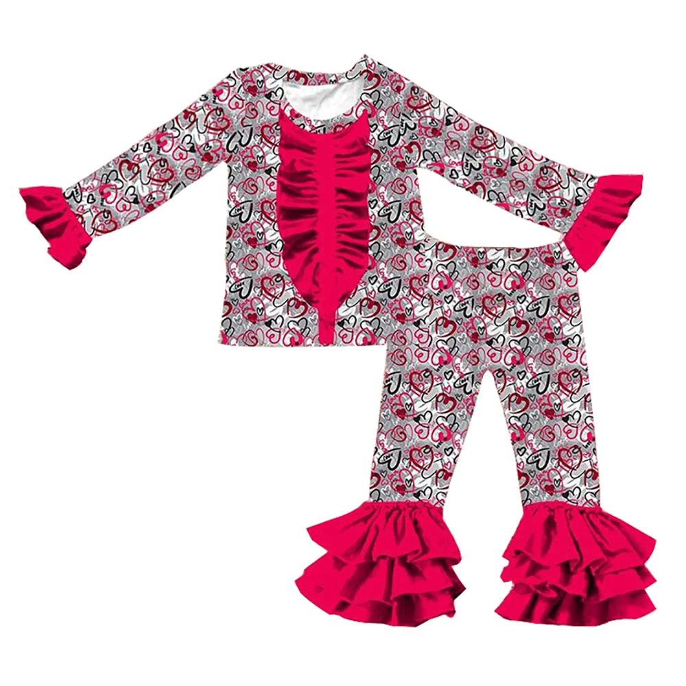

New Kids Spring Valentine's Day Long Short Sleeve Outfits Baby Girls Heart pattern Top Leggings set Kids Clothing