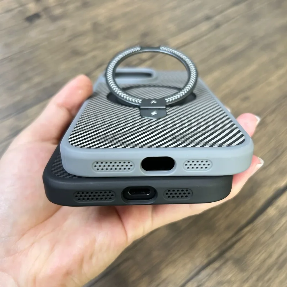 Luxury Magnetic Carbon Fiber Circular Bracket Phone Case For iPhone 16 15 14 13 12 11 Pro Max Plus Foldind Stand Holder Cover