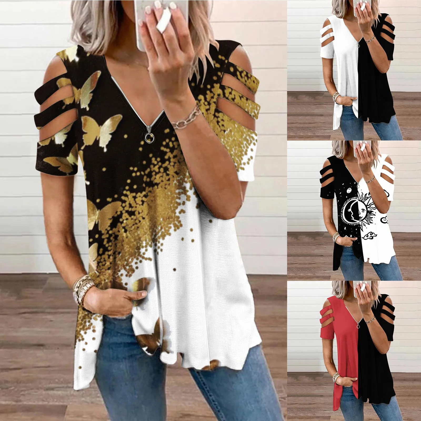

Женские топы с открытыми плечами и коротким рукавом, летняя модная футболка большого размера с принтом, пикантная туника на молнии с V-образ...