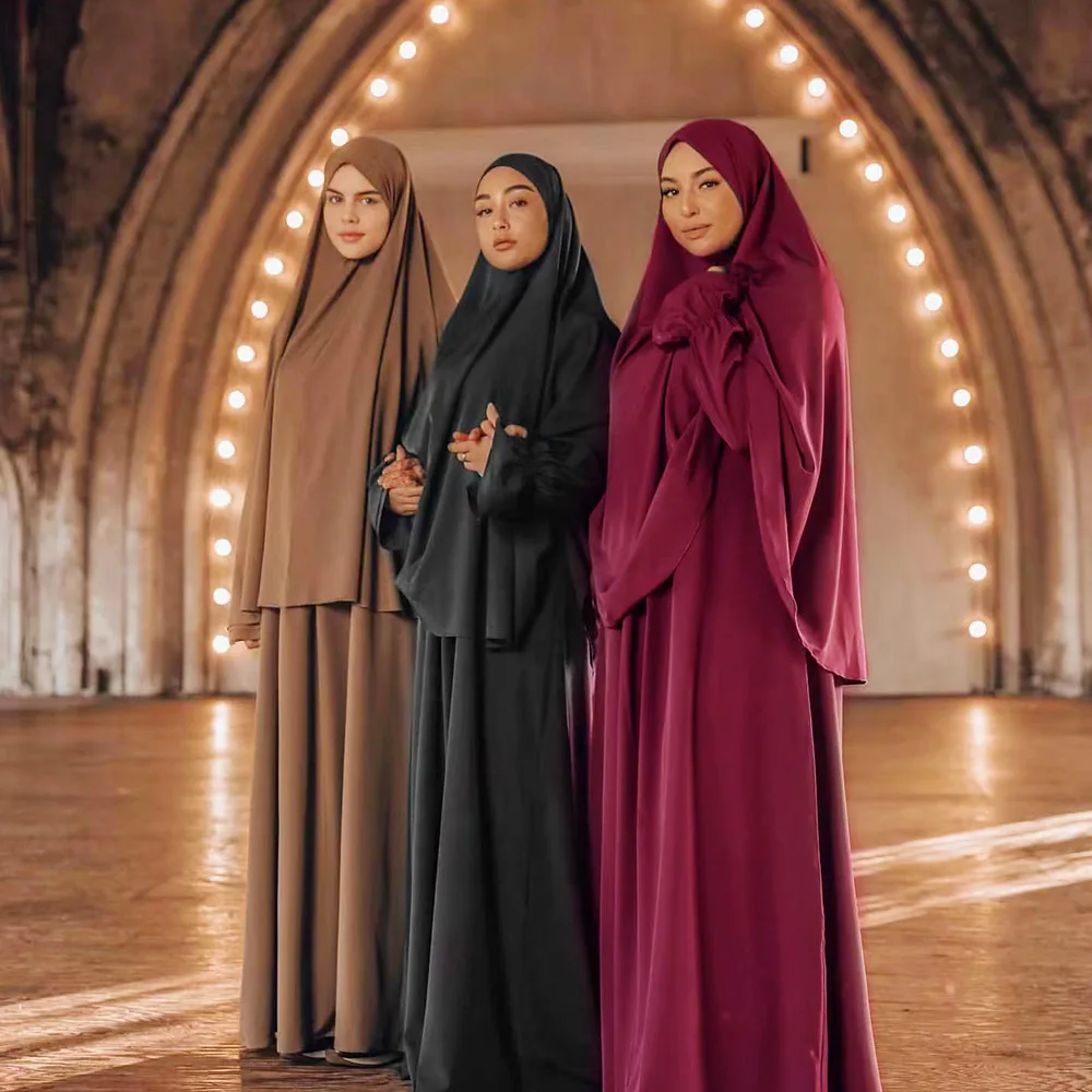 

Hooded Abaya Women Jilbab 2 Piece Set Muslim Prayer Garment Dubai Long Khimar Hijab Dress Ramadan Eid Niqab Islam Djellaba Femme