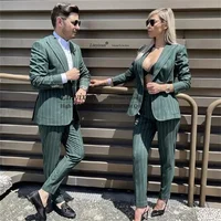 Fashion Grey Strip Mens Suit &Suit Women Notched Lapel Casual Groomsmen Blazer 2 Pieces Jacket Pants Sets Couple Wedding Tuxedos