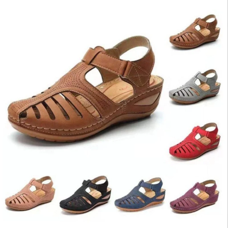 

Women's Sandals Retro Wedge Non-slip Breathable Velcro Thick-soled Comfortable Roman Shoes Casual Beach Slippers Plus Size
